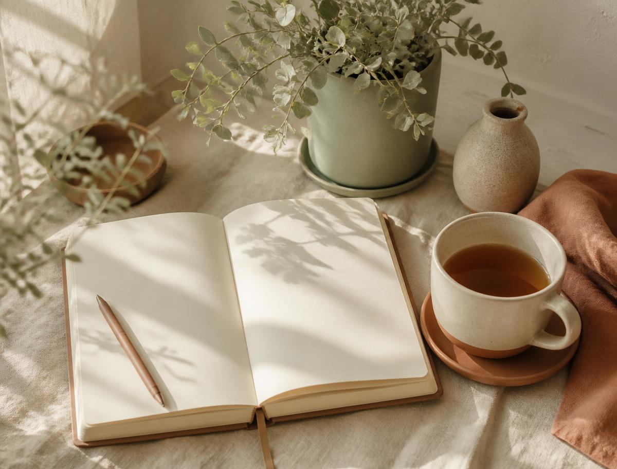 Libreta abierta junto a una taza de té, símbolo de una pausa para reflexionar